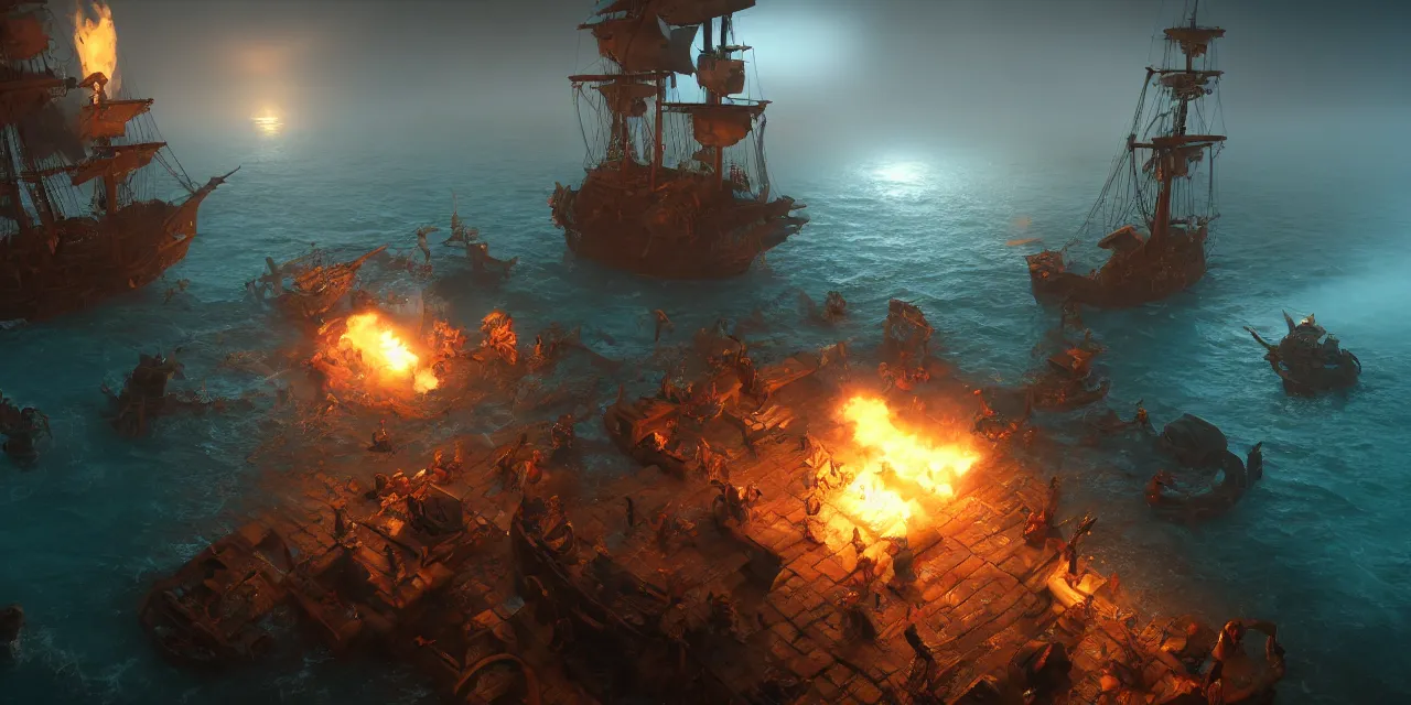 Image similar to pirates vs the kraken, cinematic, foggy, volumetric lighting, fire, unreal engine, trending on artstation