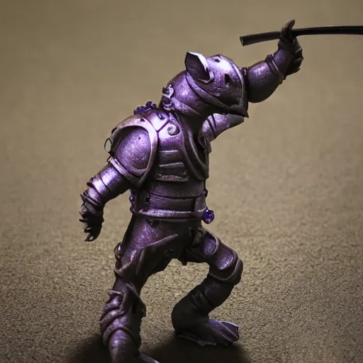 Image similar to armored mouse warrior holding a sword in one hand and reaching for a floating purple crystal with the other