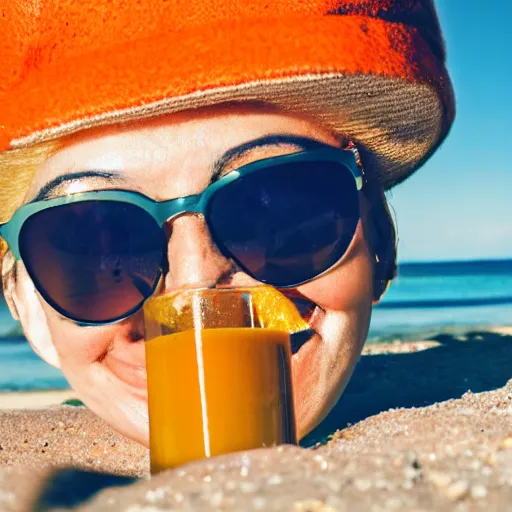 Prompt: an orange wearing sunglasses and drinking orange juice sitting on a beach