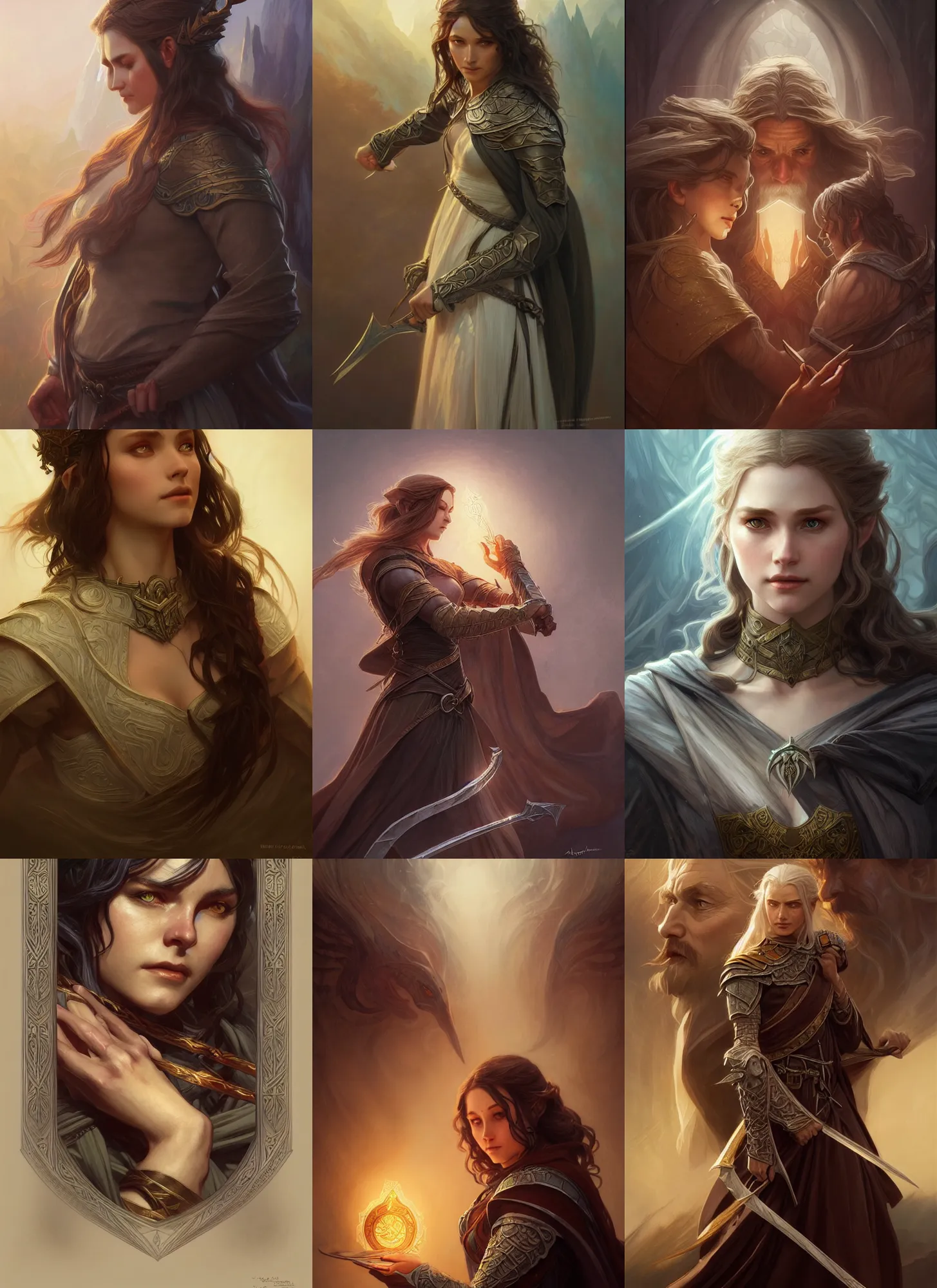 Prompt: characters from lord of the rings, fantasy, intricate, elegant, highly detailed, digital painting, artstation, concept art, matte, sharp focus, illustration, hearthstone, art by artgerm and greg rutkowski and alphonse mucha
