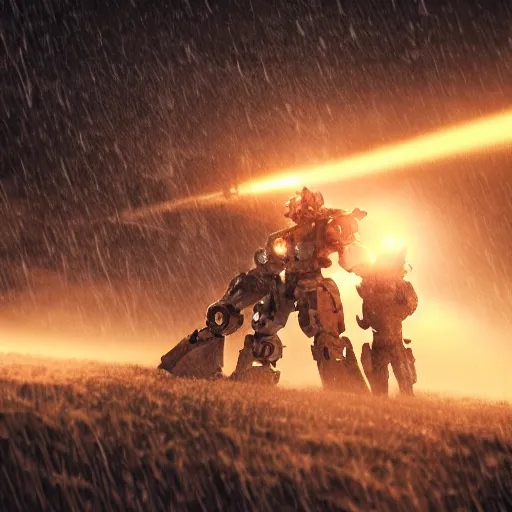 Prompt: 2 mecha warriors battling each other in heavy rain, ground fog, lighting, moody lighting, 8 k, shallow depth of field, cinematic lighting,