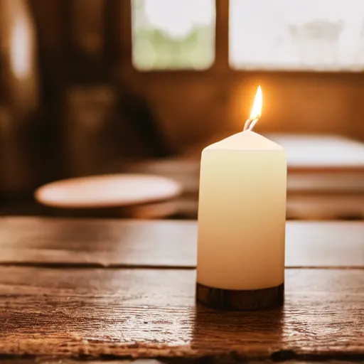 Prompt: a white candle on a wooden table. warm lighting