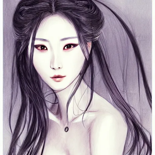 Image similar to a drawing of a woman looks like chinese actress bingbing fan, with long white hair, a character portrait by yoshitaka amano, featured on pixiv, fantasy art, official art, androgynous, anime