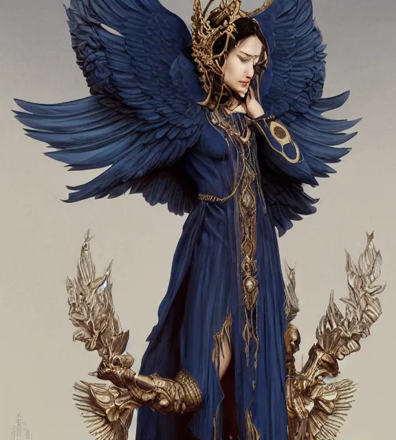 Prompt: god of death, young male, in the underworld, elegant dark blue dress, very detailed, throne, very intricate details, jewelry, gold eyeshadow, elaborate long black hairstyle, wings, cinematic, artstation, william bouguereau, alphonse mucha, greg rutkowski, rossdraws, octane render