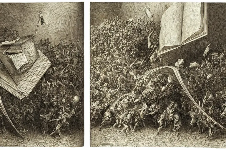 Image similar to highly detailed painting of big opened book, don quixote leave the book, symmetrical, masterpiece, by gene wolfe, highly detailed painting by gustave dore