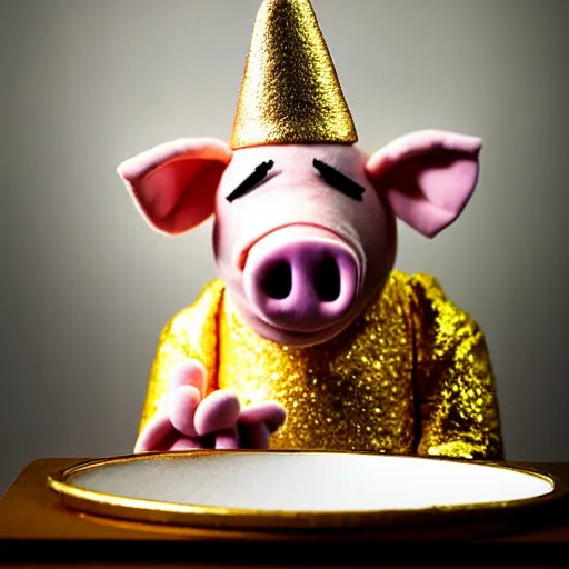 Image similar to studio photograph of a pig wearing a gold crown depicted as a muppet cooking