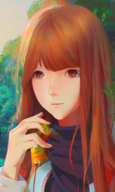 Image similar to a colorful scene of a girl with brown hair, anime, detailed background, female, portrait, tranquil, trending on artstation, by studio ghibli and rossdraws