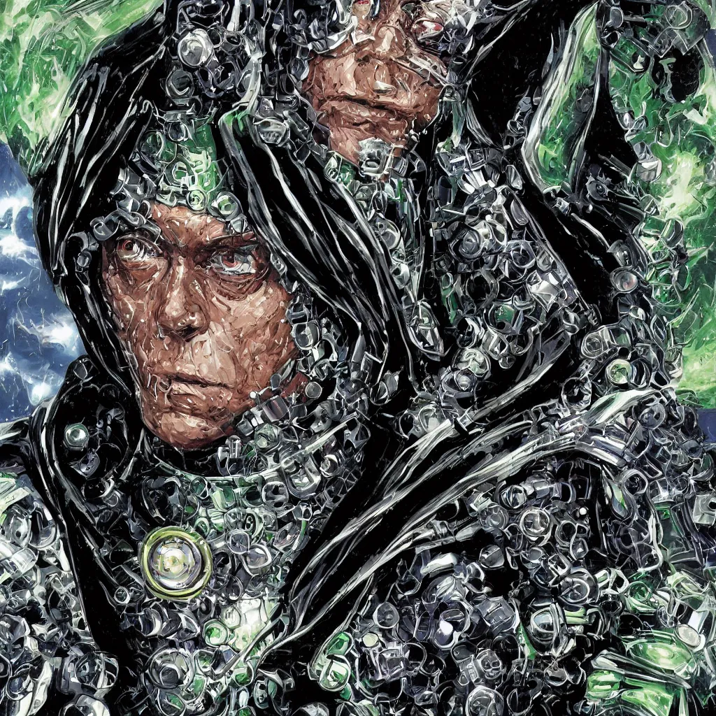 Prompt: A dramatic full-color close-up cyber-nouveau bust portrait of a hooded Doctor Doom in hyperdetailed shining armor by Chris Bachalo and Michael Golden, highly detailed, 8k, sparse dark atmosphere, perfect full color line art, perfect muscle structure, highly hyperdetailed and precisely designed, perfect symmetry, futuristic, dystopian, full color, Marvel Comics 1999, dim lights, high technical detail