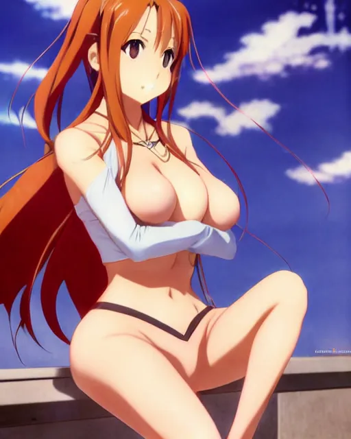 Image similar to pinup photo of asuna from sao in the crowded square of the city, asuna by a - 1 pictures, by by andrei riabovitchev, james jean, gil elvgren, enoch bolles, glossy skin, pearlescent, anime, very coherent, sao style anime, flat