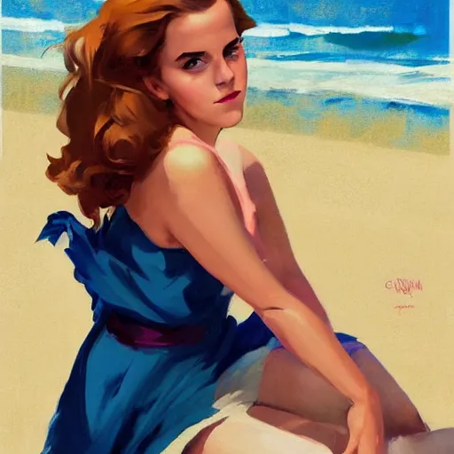 Prompt: pinup art of emma watson as hermione granger in a beach, artwork by greg manchess, medium shot, asymmetrical, organic painting, sunny day, matte painting, bold shapes, hard edges, street art, trending on artstation, by huang guangjian and gil elvgren and sachin teng 1 9 5 6