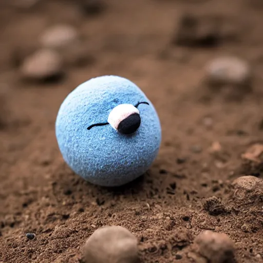 Image similar to photo of a small round creature made of dirt with round blue eyes and a round clown nose and a cute smile