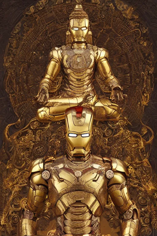 Image similar to digital masterpiece illustration concept art of porcelain statue of buddha gautama as iron man, varasana, lotus, padmasana, extremely detailed and intricate complexity, epic composition, magical atmosphere, cinematic lighting, wide long shot, trending on artstation, 8 k