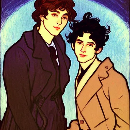 Image similar to painting of young cute handsome beautiful dark medium wavy hair man in his 2 0 s named shadow taehyung and cute handsome beautiful min - jun together at the halloween! party, bubbling cauldron!, candles!, smoke, autumn! colors, elegant, wearing suits!, clothes!, delicate facial features, art by alphonse mucha, vincent van gogh, egon schiele