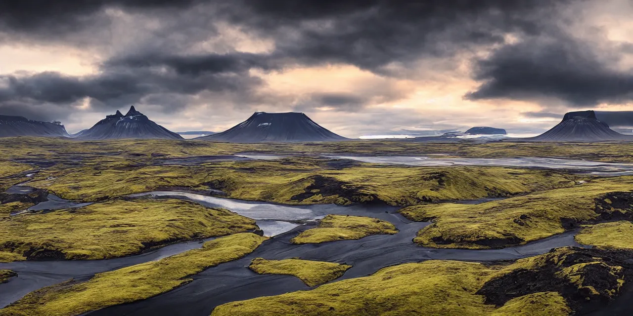 Prompt: iceland highlands in the summer by dylan cole, matte painting with high detail, ground level, sci - fi star wars megacity with dramatic lighting and dramatic sky, 4 k, cinematic cinematography.