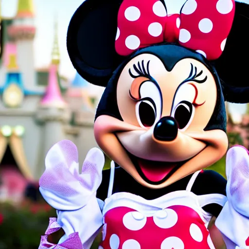 Image similar to transgender minnie mouse costumed character at disneyland, highly detailed, very high resolution, ultra realistic