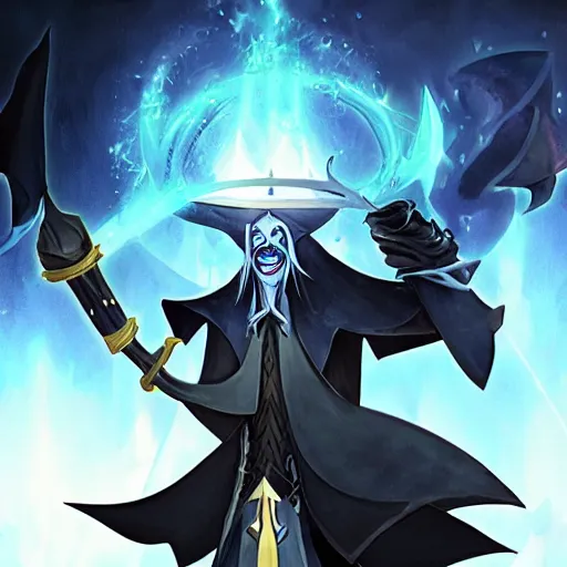 Image similar to Karthus from League of Legends holding a magical staff, laughing, anime art style