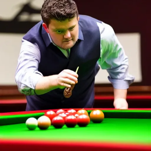 Image similar to snooker player Doug Mountjoy potting an onion in the middle pocket of a snooker table