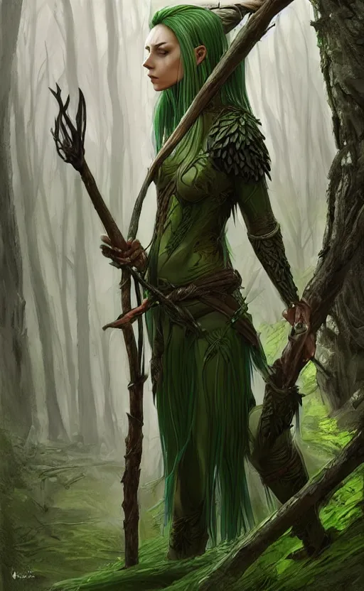 Prompt: d & d fantasy female wood - elf druid with green - tinted hair wearing bark armour, holding a staff of the woodland, in a forest, intricate, elegant, highly detailed, digital painting, artstation, concept art, matte, sharp focus, illustration, art by artgerm and greg rutkowski