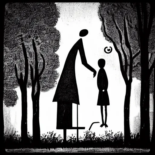 Image similar to “slenderman standing by a girl on a swing set, style of Edward Gorey”