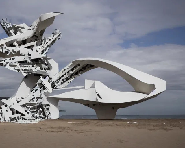 Prompt: photo of white minimalist abstract cubist sculpture of curvy spaceship with random small mecha mayan decorations, covered with few large white airplane parts with windows and doors, gigantic size, sunset lighting by a beach, the sculpture is reflected on the water