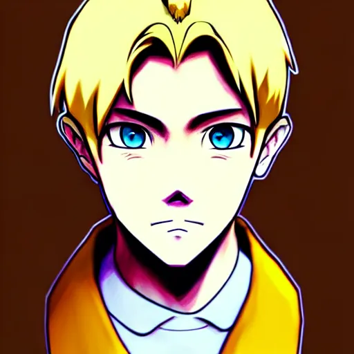 Image similar to blonde boy with yellow eyes wearing a brown cape in the style of studio ghibli, anime, artgerm