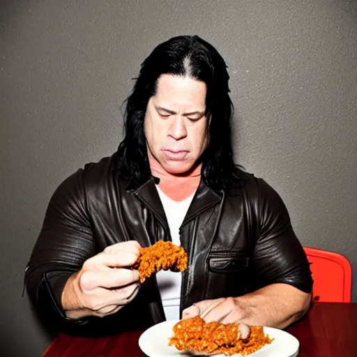 Prompt: Glenn Danzig eating a very messy chili dog. He is wearing a leather vest. Chili and beans have spilled on his bare chest.