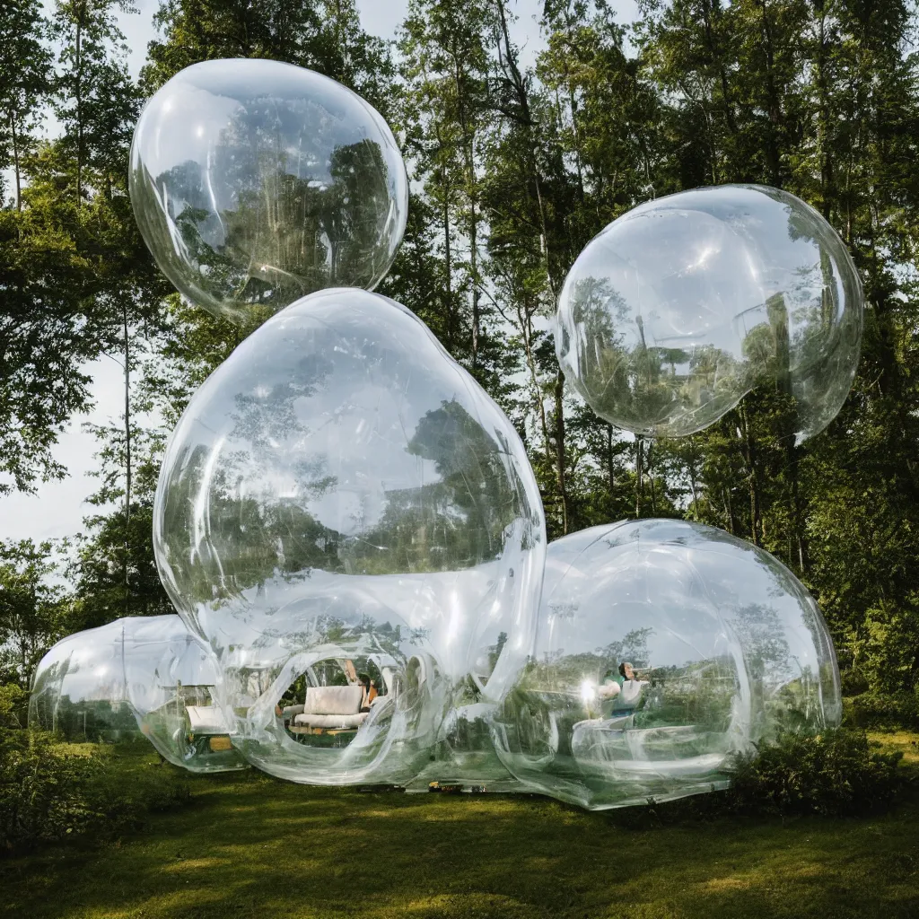 Prompt: an inflatable house made of clear plastic sheeting. The house is made of 3 inflated bubbles. The inflated house sits in a lake on the edge of a forest. A family is living inside the bubble house and it is furnished with contemporary furniture and art. ultra wide shot, coronarender, 8k, photorealistic