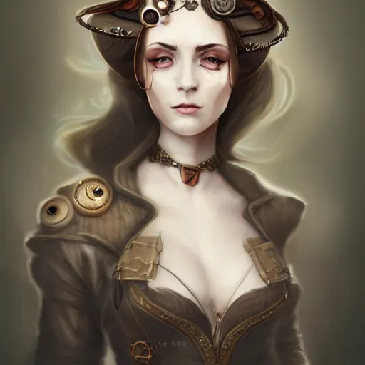 Image similar to character concept portrait of a woman with pale face, steampunk, intricate, elegant, digital painting, concept art, smooth, focus,