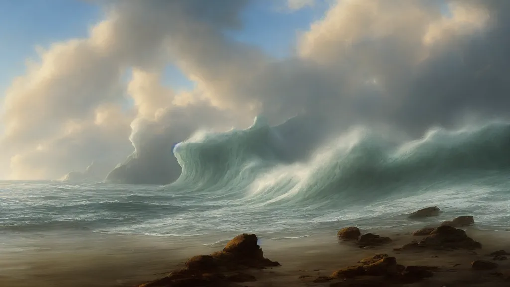 Image similar to first person view of breaking waves on the shore, summer, delicate fog, sea breeze rises in the air, by andreas rocha and john howe, and Martin Johnson Heade, featured on artstation, featured on behance, golden ratio, ultrawide angle, f32, well composed