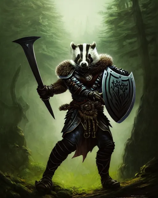 Image similar to Badger Warrior holding shield, forest background, D&D, artstation, fantasy, magic the gathering artwork, cinematic lighting, centered, symmetrical, highly detailed, digital painting, , concept art, smooth, sharp focus, illustration, volumetric lighting, epic Composition, 8k, art by Akihiko Yoshida and Greg Rutkowski and Craig Mullins, oil painting, cgsociety