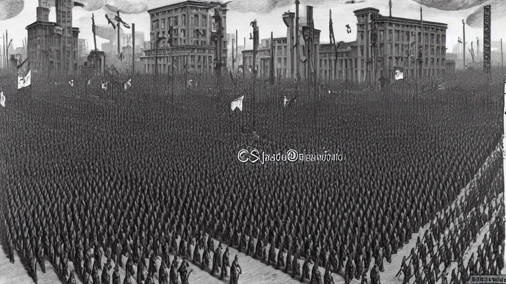 Image similar to army parade glorious march, futuristic alternate timeline, anarcho - communist hordes, red and black flags, modernist factories in background, art by max ernst, cnt spanish civil war era propaganda, extremely detailed, 4 k