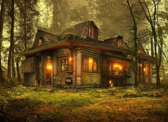 Prompt: house in a clearing in the middle of the forest, beautifully lit, steampunk, retro science fiction vintage art