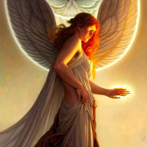 Image similar to Winged girl angel with a glowing halo, face, fantasy, intricate, elegant, dramatic lighting, highly detailed, lifelike, photorealistic, digital painting, artstation, concept art, smooth, sharp focus, illustration, art by John Collier and Krenz Cushart and Artem Demura and Alphonse Mucha and and Albert Aublet