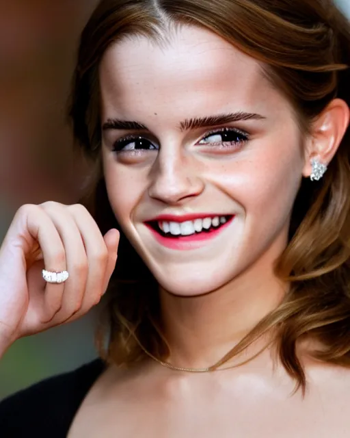 Image similar to A photo of laugh emma watson show wedding ring on his fingers. 50 mm. perfect ring. award winning photography