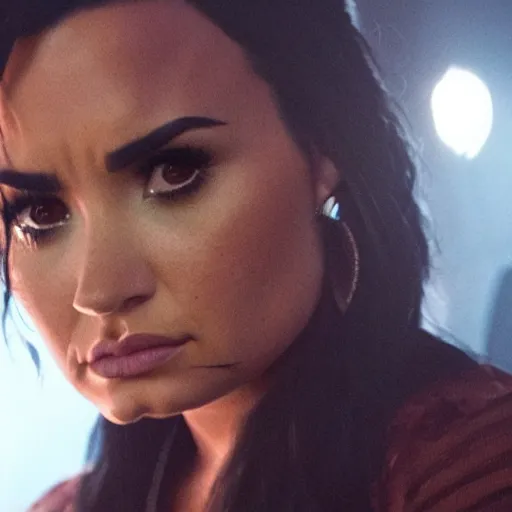 Image similar to close-up of Demi Lovato as a detective in a movie directed by Christopher Nolan, movie still frame, promotional image, imax 70 mm footage