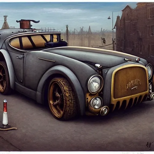 Prompt: a hyperrealistic painting of a steampunk sports car, blue skies, by john kenn mortensen, highly detailed,