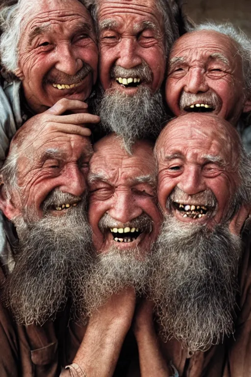 Prompt: a old laughing happy old man with 3 heads and 6 eyes, long hair, long beard, hanging upsidedown by steve mccurry