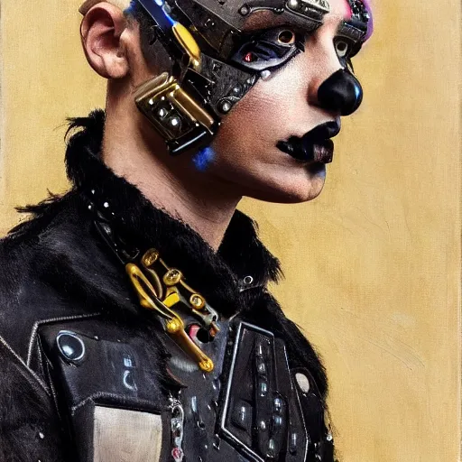 Image similar to an award finning and amazing portrait by akseli kallen gallela and john howe of a male cyberpunk punk rocker clothed in excessively fashionable 8 0 s haute couture fashion and wearing geometric face paint