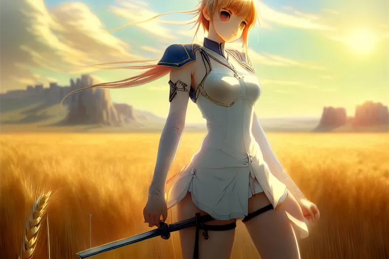 Image similar to wlop's legendary and beautiful anime - style digital painting of saber lily standing in a field of wheat, facing the far - off city to the west, intricate details, ultra realistic, beautiful art, volumetric lighting, by wlop, by art germ, by brom, trending cgsociety, artstation