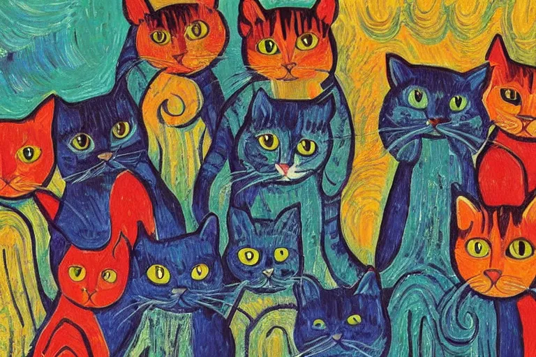 Prompt: beautiful art illustration of a group of cats by laurel burch and van gogh, oil painting, highly detailed