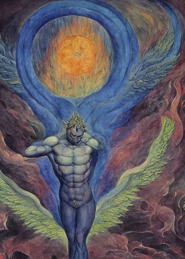 Image similar to Lucifer of the lunar mythos mercurial (surreal) fallen celestial, award winning oil painting by William Blake, chromatic aberration polychromatic color palette radiant colors