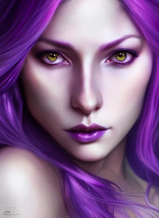 Prompt: Purple hair Portrait of a woman with bright colored flying hair, all shades of purple. Hair coloring, amber eyes, face, long hair, fantasy, intricate, elegant, highly detailed, digital painting, artstation, concept art, smooth, sharp focus, illustration, art by artgerm and greg rutkowski and alphonse mucha