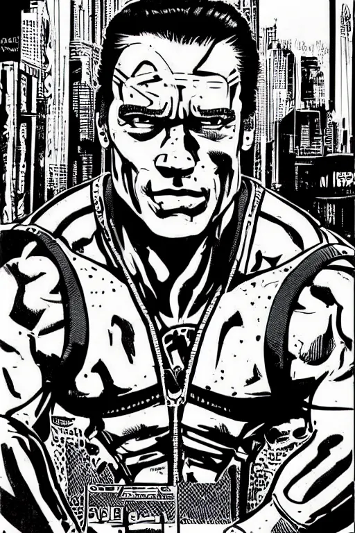 Image similar to arnold schwarzenegger, a page from cyberpunk 2 0 2 0, style of paolo parente, style of mike jackson, adam smasher, johnny silverhand, 1 9 9 0 s comic book style, ink drawing, black and white