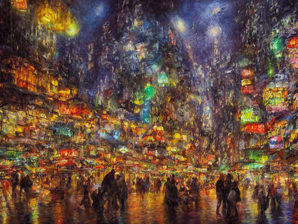 Prompt: matte painting, impressionist, a solemn night, defied by spirit, pulse, and flow, the vibrant echoes of the market, drifters, traders, collectors, and travelers, within radiate connection, forming an oasis of vivid lights within the shallow city, dark, vibrant people, vivid color, crowded people, huts, stores, close up, artistic style, eye level shot, by John Salminen and Carl Gustaf Hellqvist