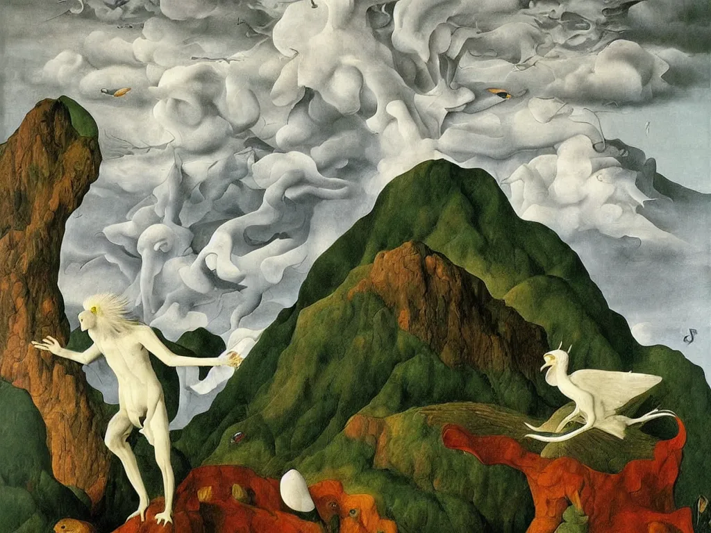 Image similar to albino mystic, with his back turned, looking at a storm over over the mountains in the distance, with the evolution of life, exotic bird, reptile, mammal. Painting by Jan van Eyck, Audubon, Rene Magritte, Agnes Pelton, Max Ernst, Walton Ford