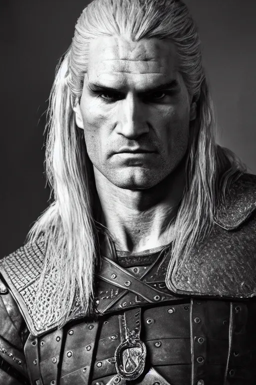 Prompt: portrait of geralt of rivia, 5 5 mm lens, professional photograph, serious, stern look