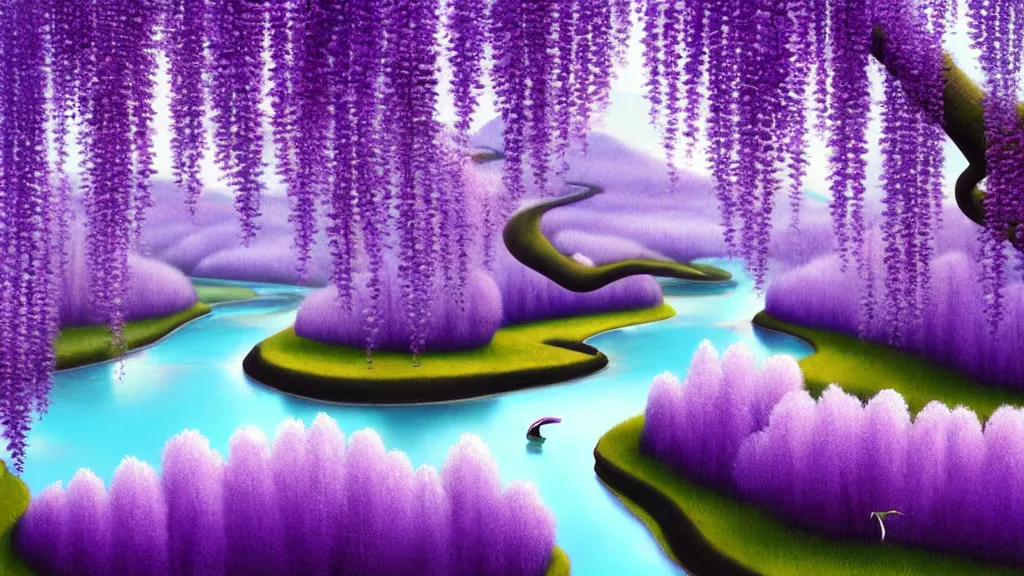 Image similar to digital painting of a lush sinuous river valley by artgerm. purple river. cold icy day. chiho aoshima. wisteria. digital render. detailed. beautiful landscape.