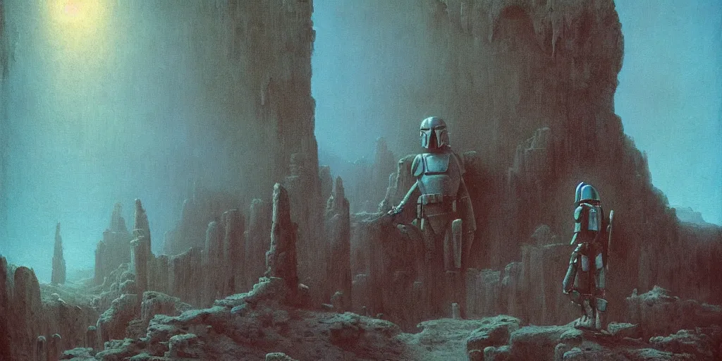 Prompt: textured full body of mandalorian with backlight , sun rays , big shadows, small bird sihouettes in cyan background , very textured detailed panoramic oil painting by beksinski , hard backlight , in dark cave