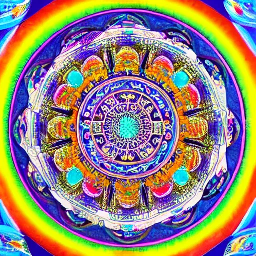 Prompt: A beautiful Buddhist Mandala, hyper-detailed, rainbow color scheme :: Mystical, astral, concept art