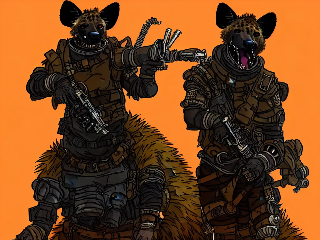 Image similar to a good ol'hyena fursona ( from the furry fandom ), heavily armed and armored facing down armageddon in a dark and gritty version from the makers of mad max : fury road. witness me.